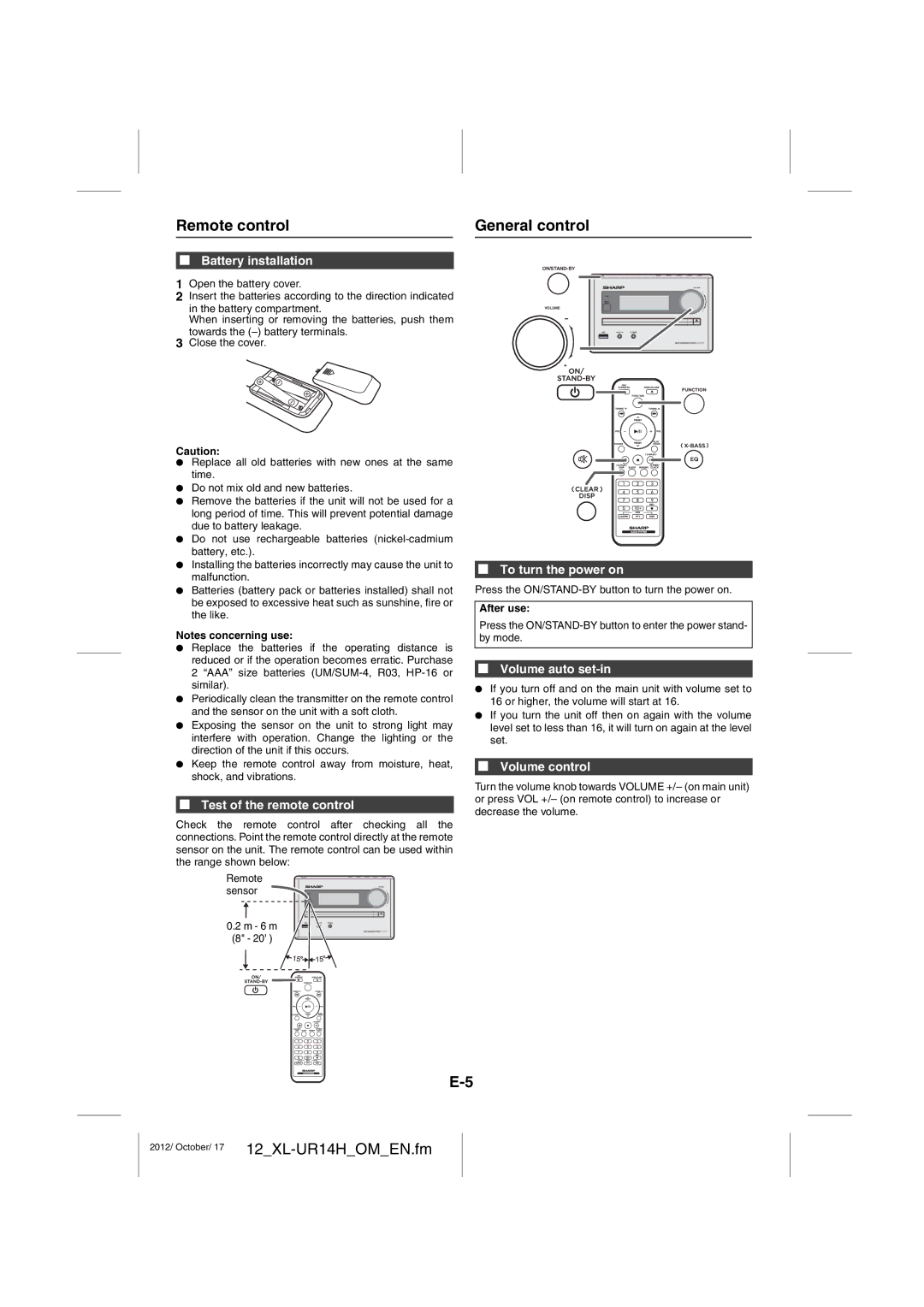 Sharp XL-UR14 Remote control General control, Battery installation, Test of the remote control, To turn the power on 