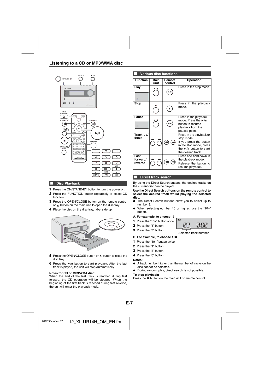 Sharp XL-UR14H Listening to a CD or MP3/WMA disc, Various disc functions, Disc Playback, Direct track search 