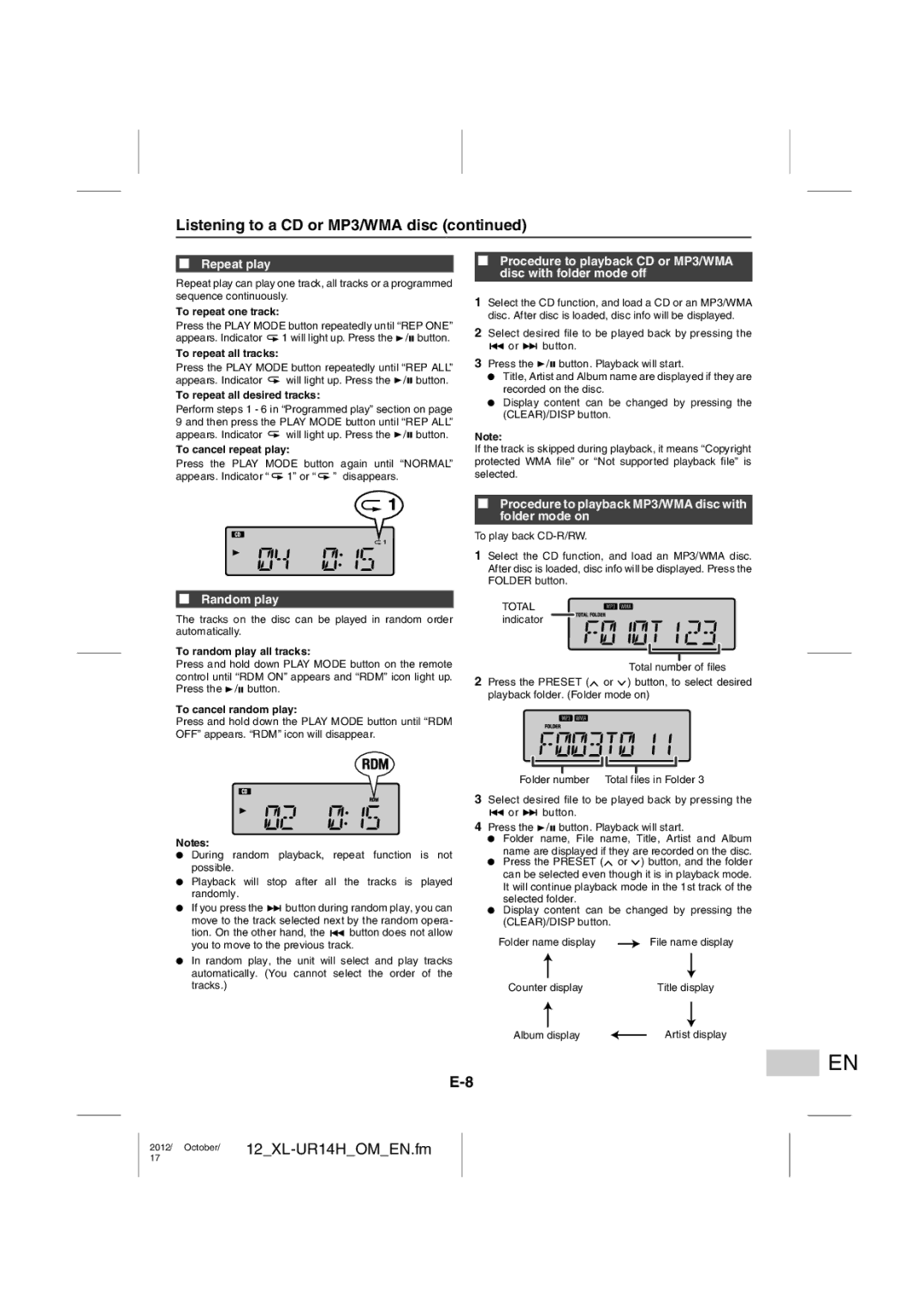 Sharp XL-UR14H operation manual Repeat play, Random play, Procedure to playback MP3/WMA disc with folder mode on 