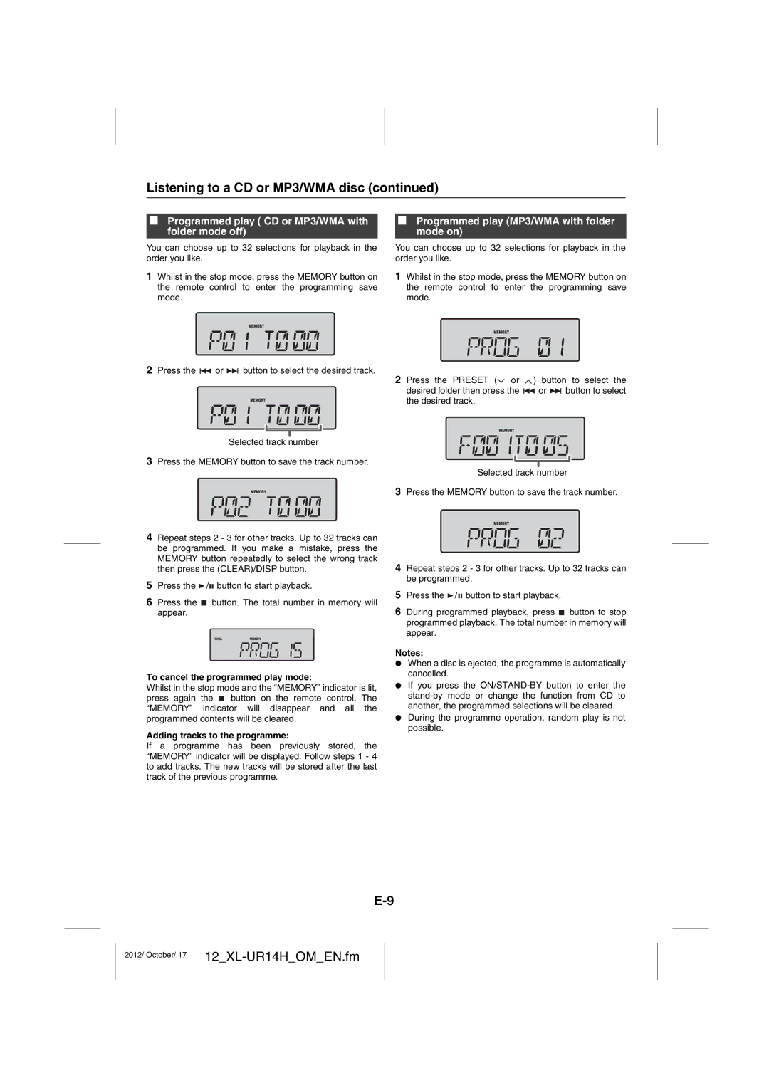 Sharp XL-UR14H Programmed play CD or MP3/WMA with folder mode off, Programmed play MP3/WMA with folder mode on 