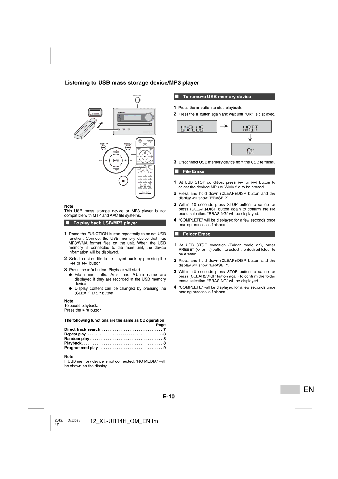 Sharp XL-UR14H Listening to USB mass storage device/MP3 player, To remove USB memory device, To play back USB/MP3 player 