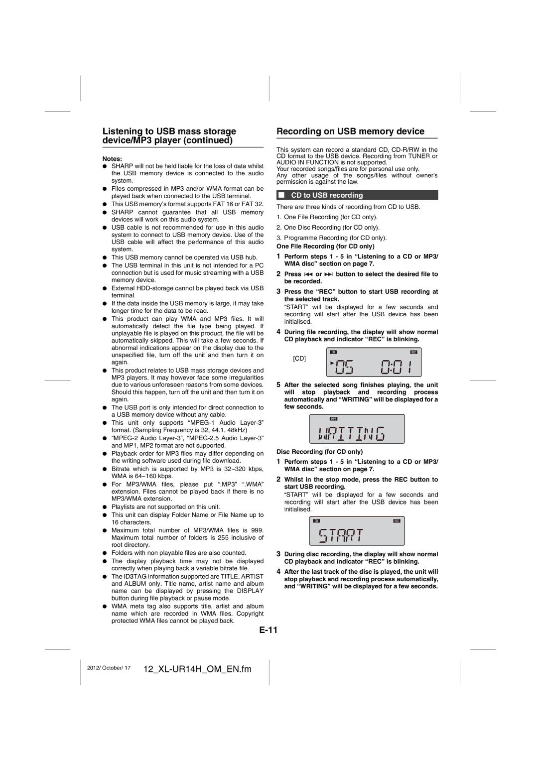 Sharp XL-UR14H operation manual Recording on USB memory device, CD to USB recording 