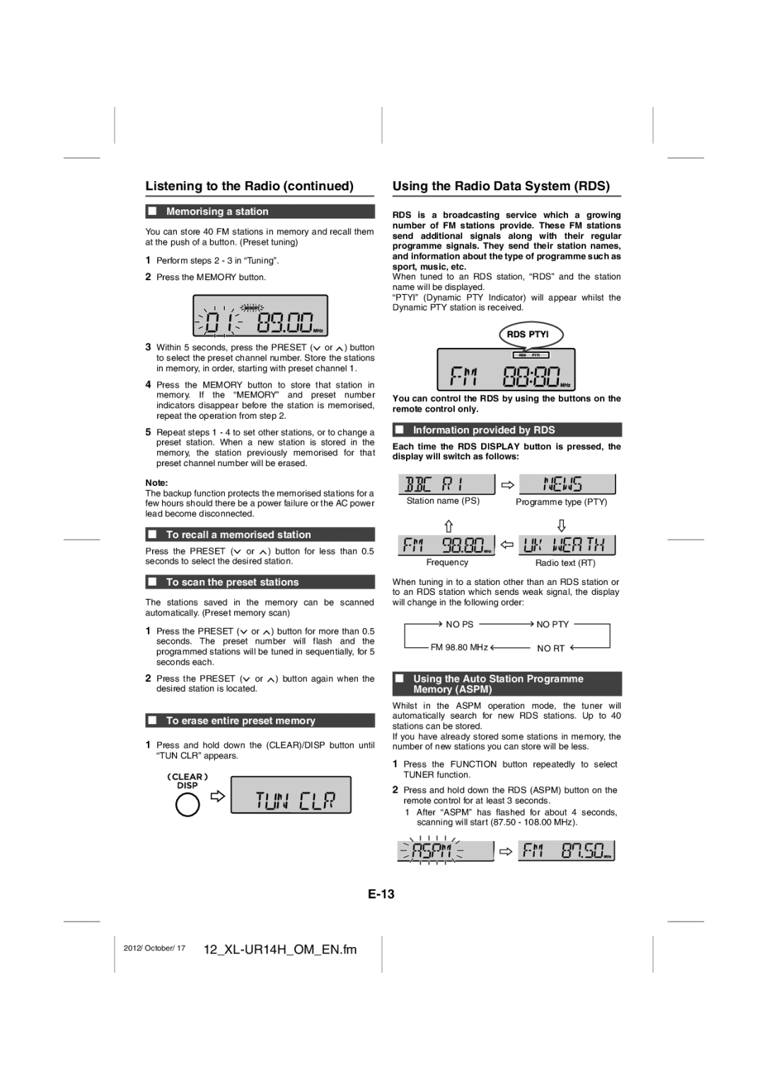 Sharp XL-UR14H operation manual Using the Radio Data System RDS 