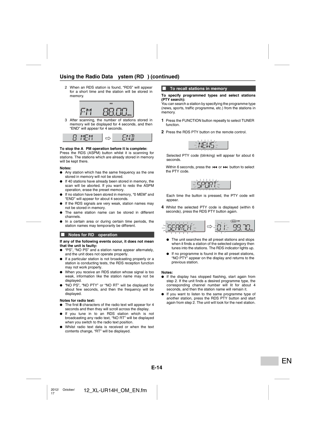 Sharp XL-UR14H operation manual To recall stations in memory, To specify programmed types and select stations PTY search 