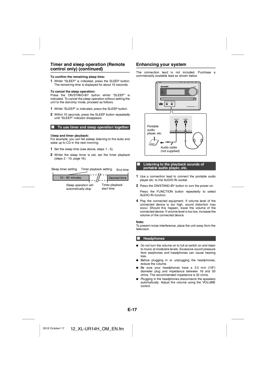 Sharp XL-UR14H operation manual Enhancing your system, To use timer and sleep operation together, Headphones 