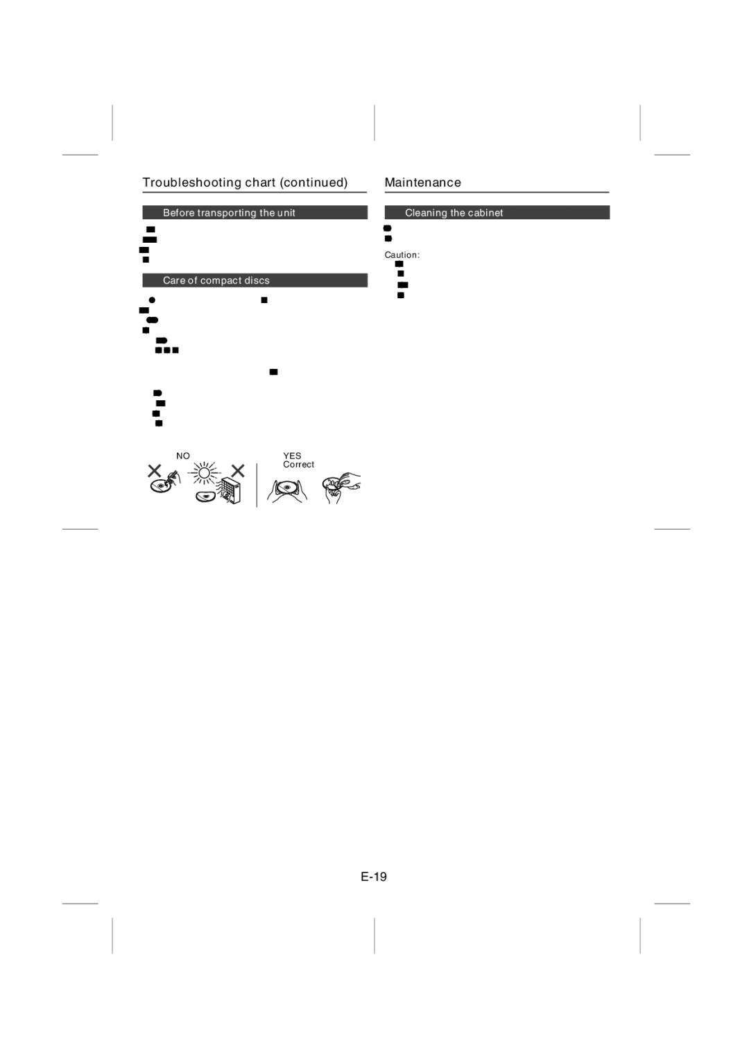 Sharp XL-UR14 Troubleshooting chart Maintenance, Before transporting the unit, Care of compact discs, Cleaning the cabinet 