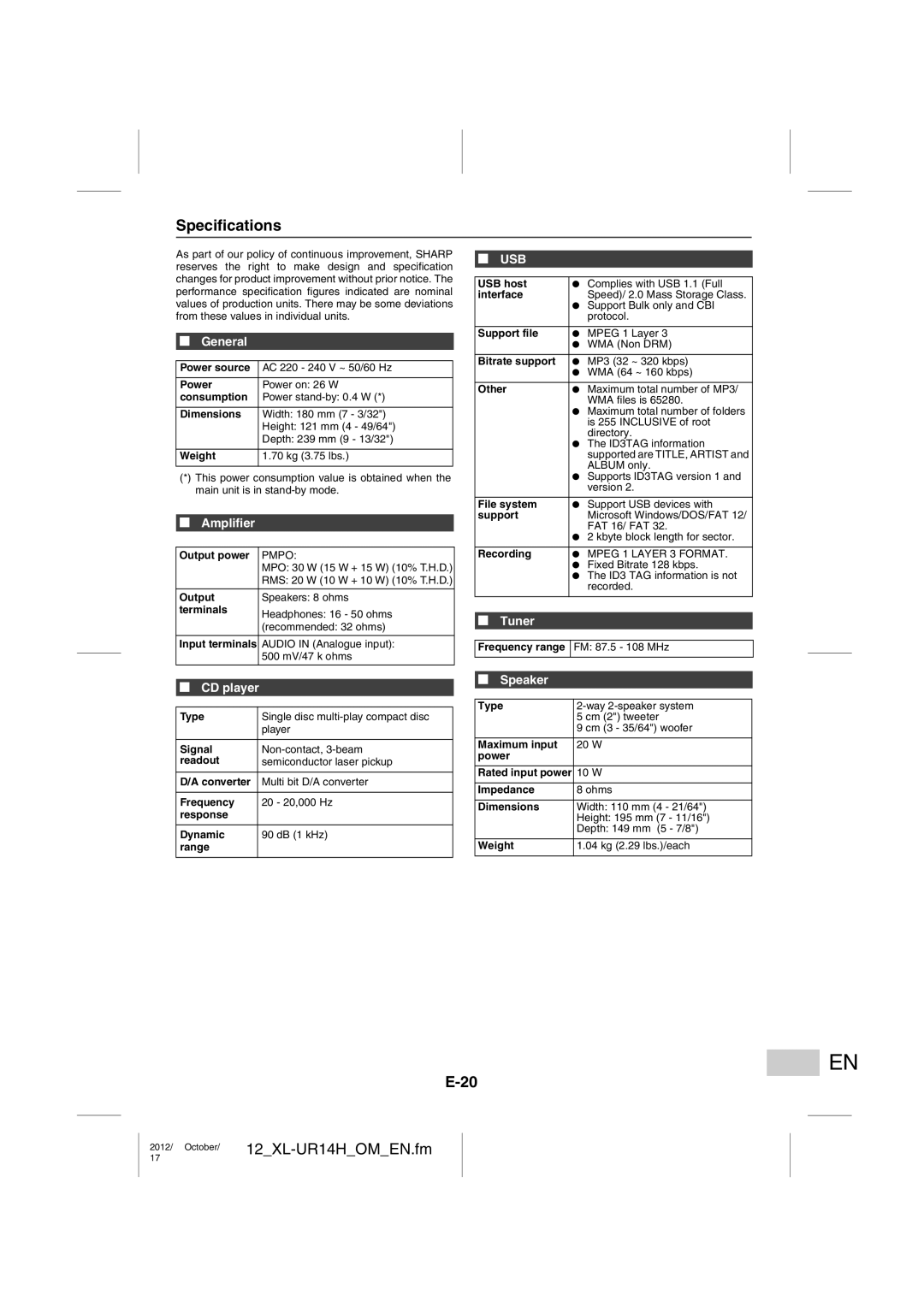 Sharp XL-UR14H operation manual Specifications, Amplifier, Speaker 