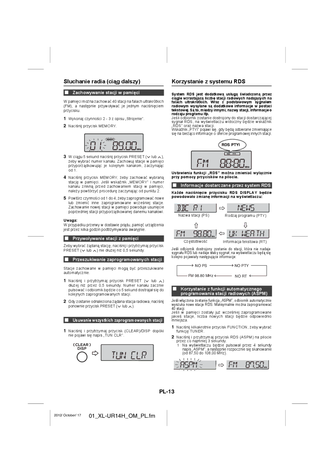 Sharp XL-UR14H operation manual Słuchanie radia ciąg dalszy, Korzystanie z systemu RDS, PL-13 