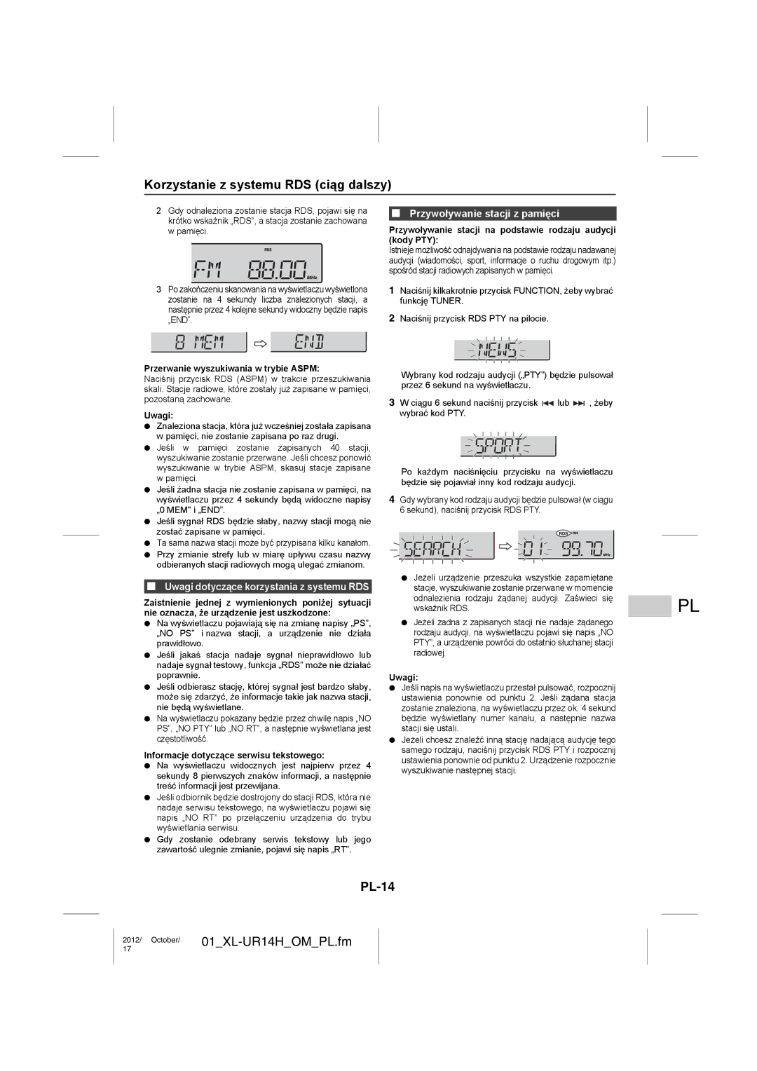 Sharp XL-UR14H operation manual Korzystanie z systemu RDS ciąg dalszy, PL-14, Przerwanie wyszukiwania w trybie Aspm 