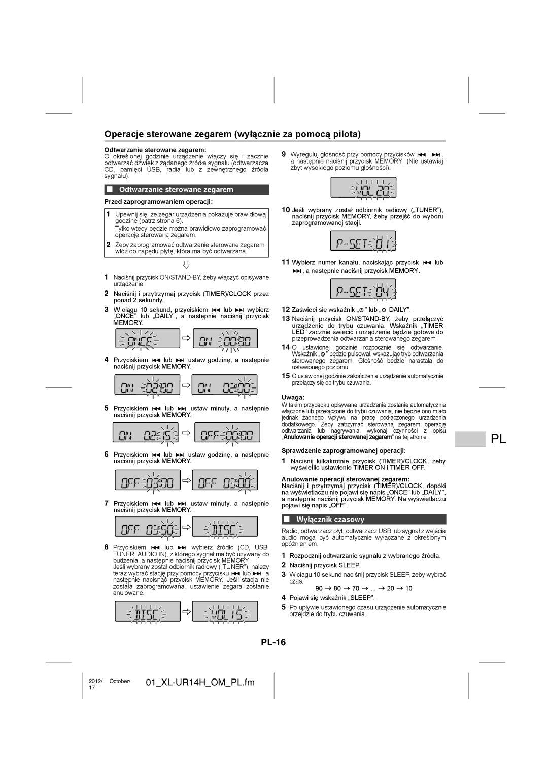 Sharp XL-UR14H operation manual Operacje sterowane zegarem wyłącznie za pomocą pilota, PL-16, Odtwarzanie sterowane zegarem 