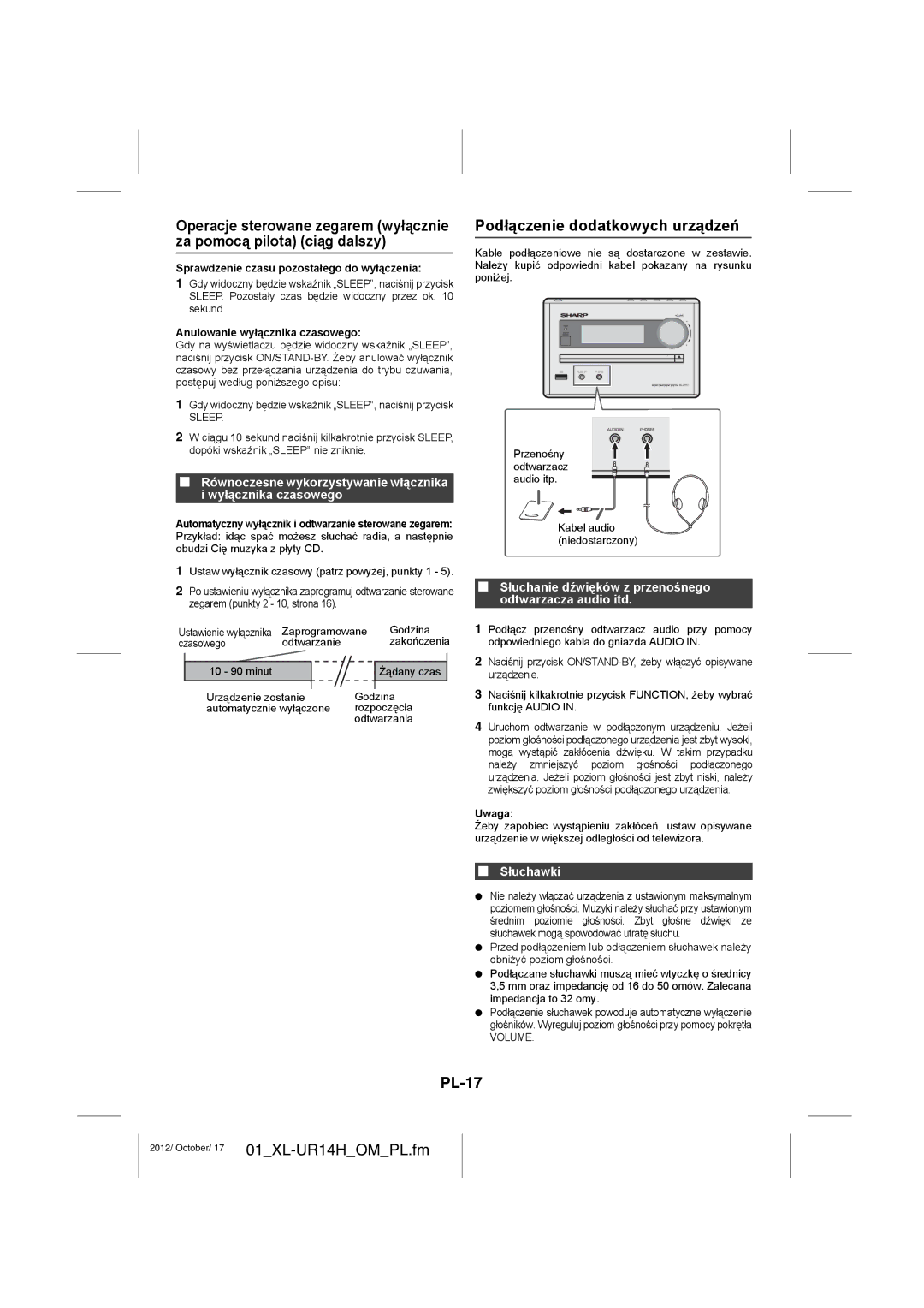Sharp XL-UR14H Podłączenie dodatkowych urządzeń, PL-17, Słuchawki, Sprawdzenie czasu pozostałego do wyłączenia 