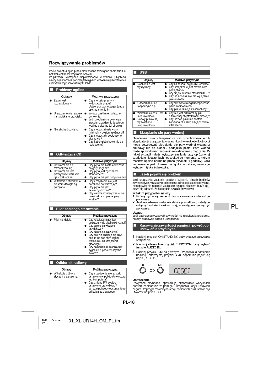 Sharp XL-UR14H operation manual Rozwiązywanie problemów, PL-18 