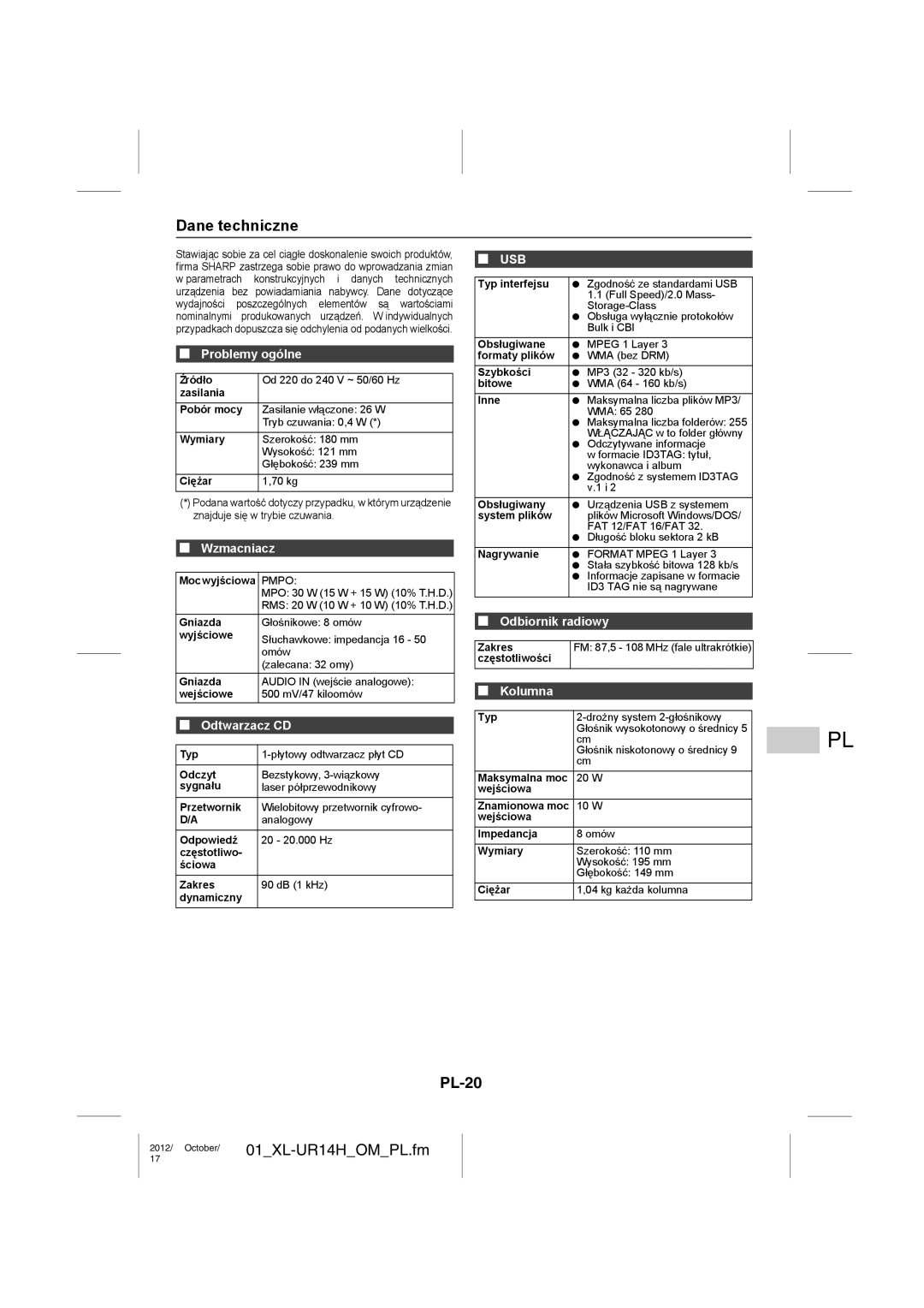 Sharp XL-UR14H operation manual Dane techniczne, PL-20, Wzmacniacz, Kolumna 