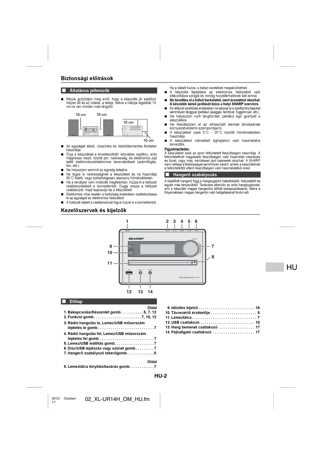 Sharp XL-UR14H operation manual Biztonsági előírások, Kezelőszervek és kijelzők, HU-2 