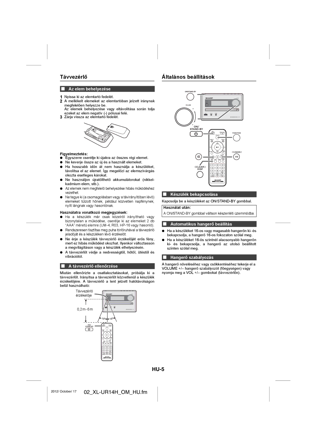 Sharp XL-UR14H operation manual Távvezérlő Általános beállítások, HU-5 