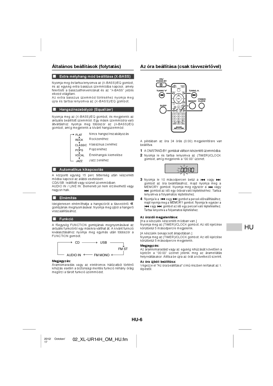 Sharp XL-UR14H operation manual Általános beállítások folytatás, Az óra beállítása csak távvezérlővel, HU-6 