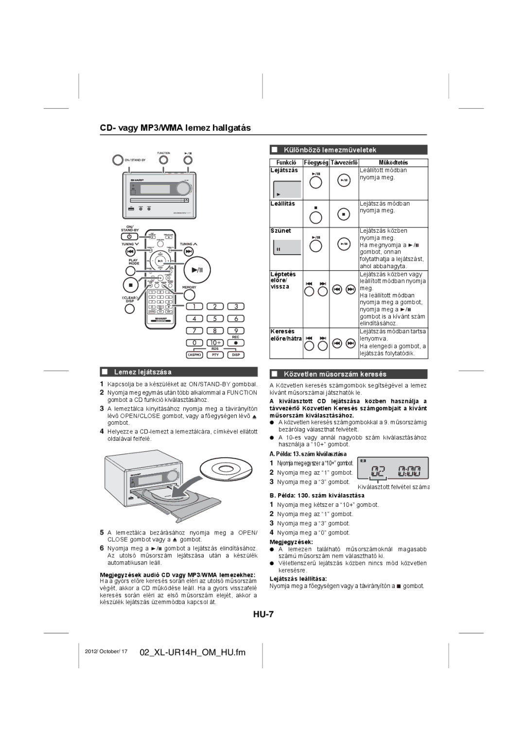 Sharp XL-UR14H operation manual CD- vagy MP3/WMA lemez hallgatás, HU-7, Különböző lemezműveletek, Lemez lejátszása 