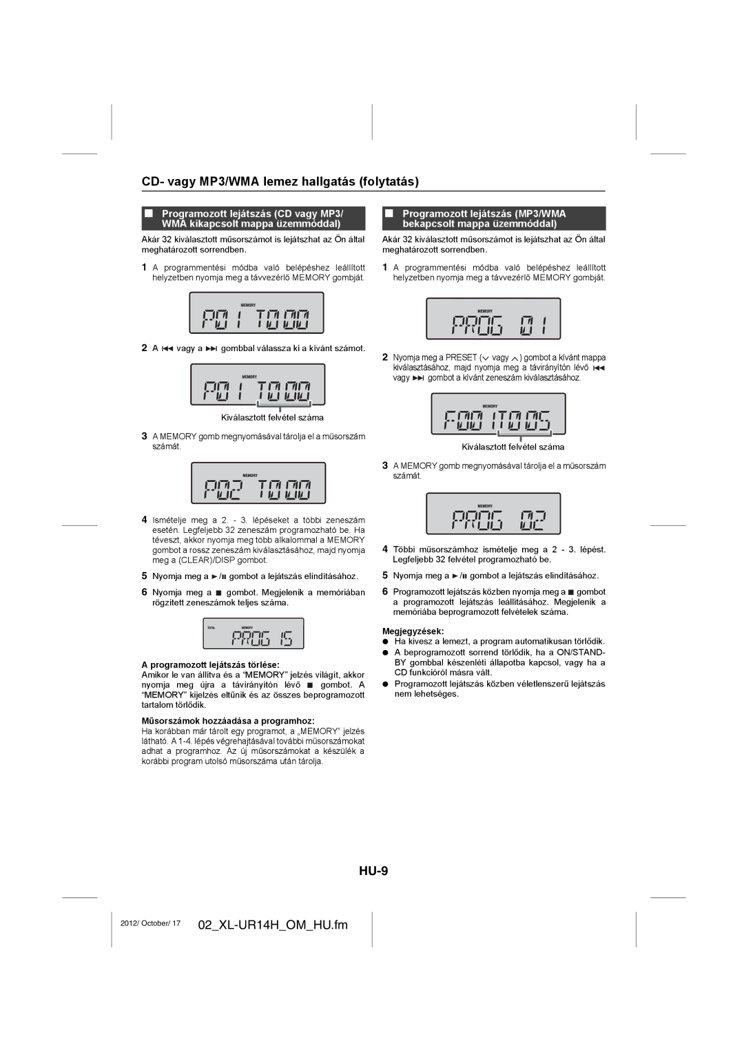 Sharp XL-UR14H operation manual HU-9, Programozott lejátszás törlése, Műsorszámok hozzáadása a programhoz 