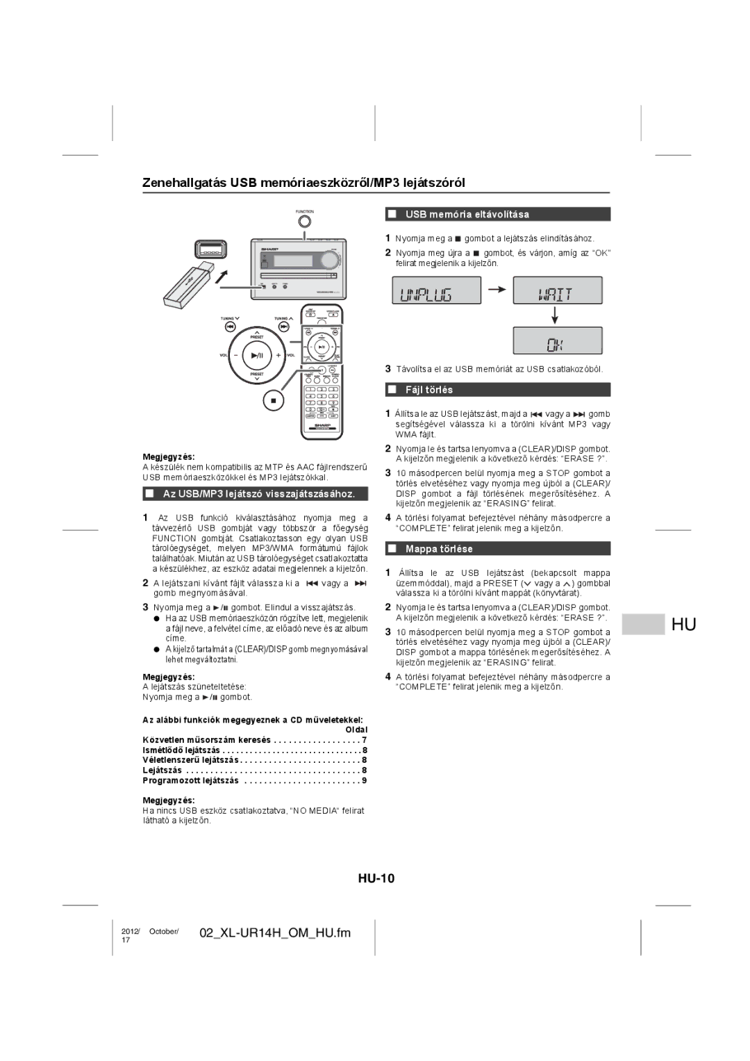 Sharp XL-UR14H operation manual Zenehallgatás USB memóriaeszközről/MP3 lejátszóról, HU-10 