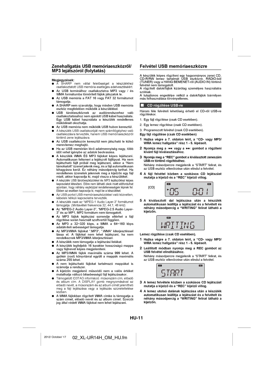 Sharp XL-UR14H operation manual Felvétel USB memóriaeszközre, HU-11, CD rögzítése USB-re 