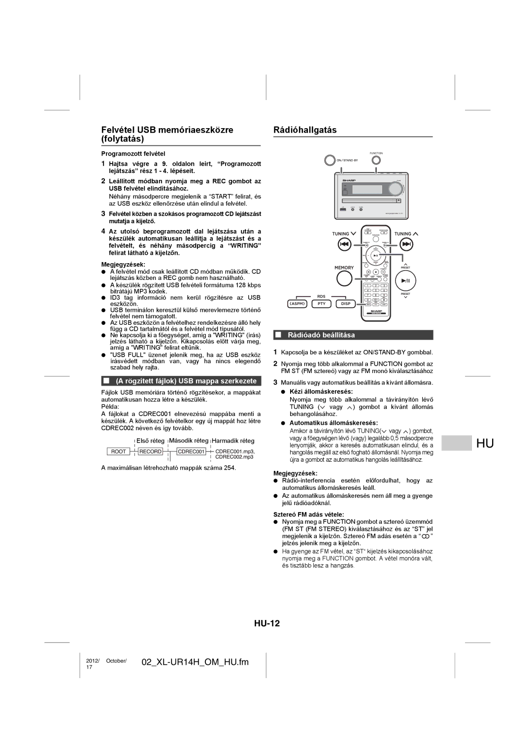Sharp XL-UR14H Felvétel USB memóriaeszközre folytatás, Rádióhallgatás, HU-12, Rögzített fájlok USB mappa szerkezete 