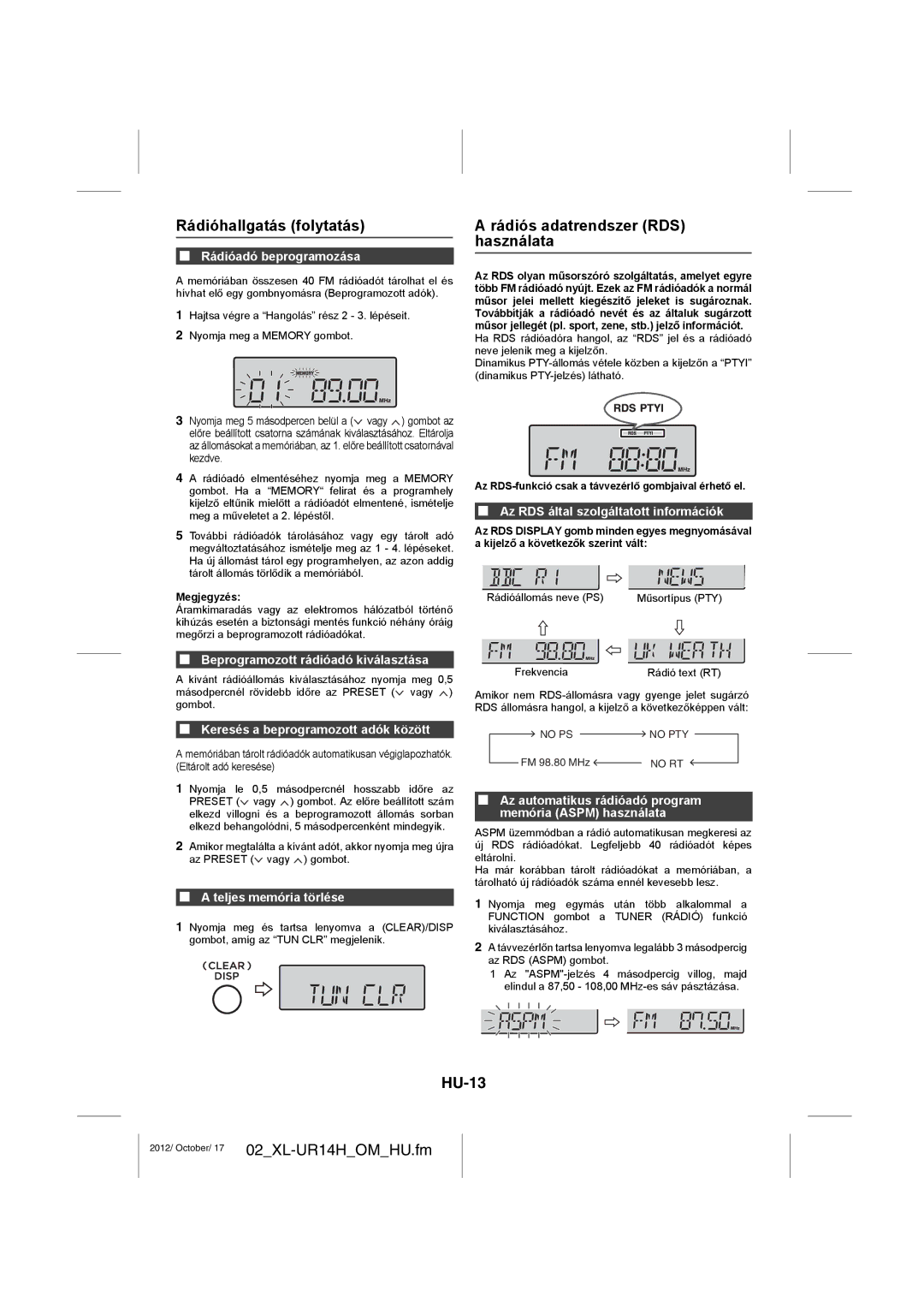 Sharp XL-UR14H operation manual Rádióhallgatás folytatás, Rádiós adatrendszer RDS használata, HU-13 