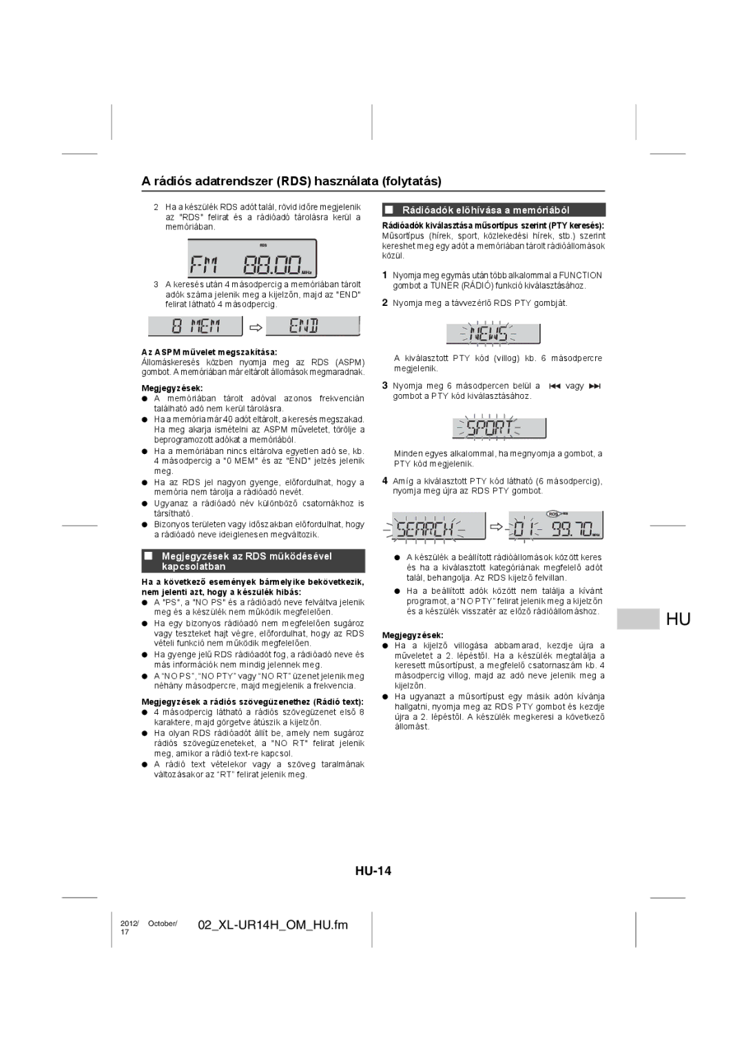 Sharp XL-UR14H Rádiós adatrendszer RDS használata folytatás, HU-14, Rádióadók előhívása a memóriából, Kapcsolatban 