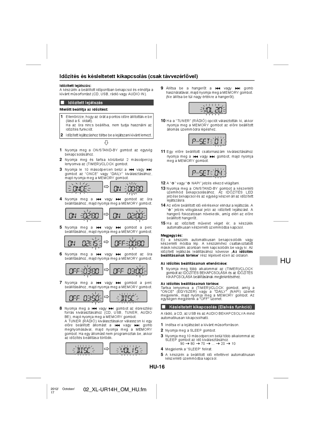 Sharp XL-UR14H operation manual Időzítés és késleltetett kikapcsolás csak távvezérlővel, HU-16, Időzített lejátszás 