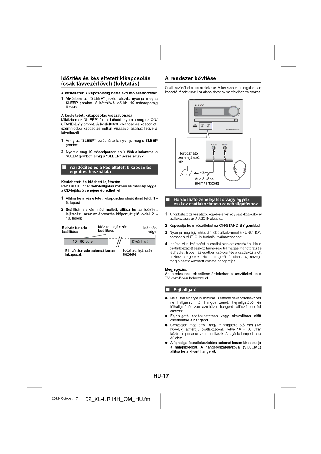 Sharp XL-UR14H operation manual Rendszer bővítése, HU-17, Fejhallgató 