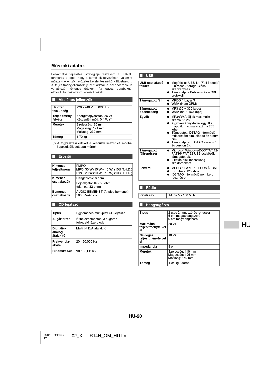 Sharp XL-UR14H operation manual Műszaki adatok, HU-20, Erősítő, Hangsugárzó 