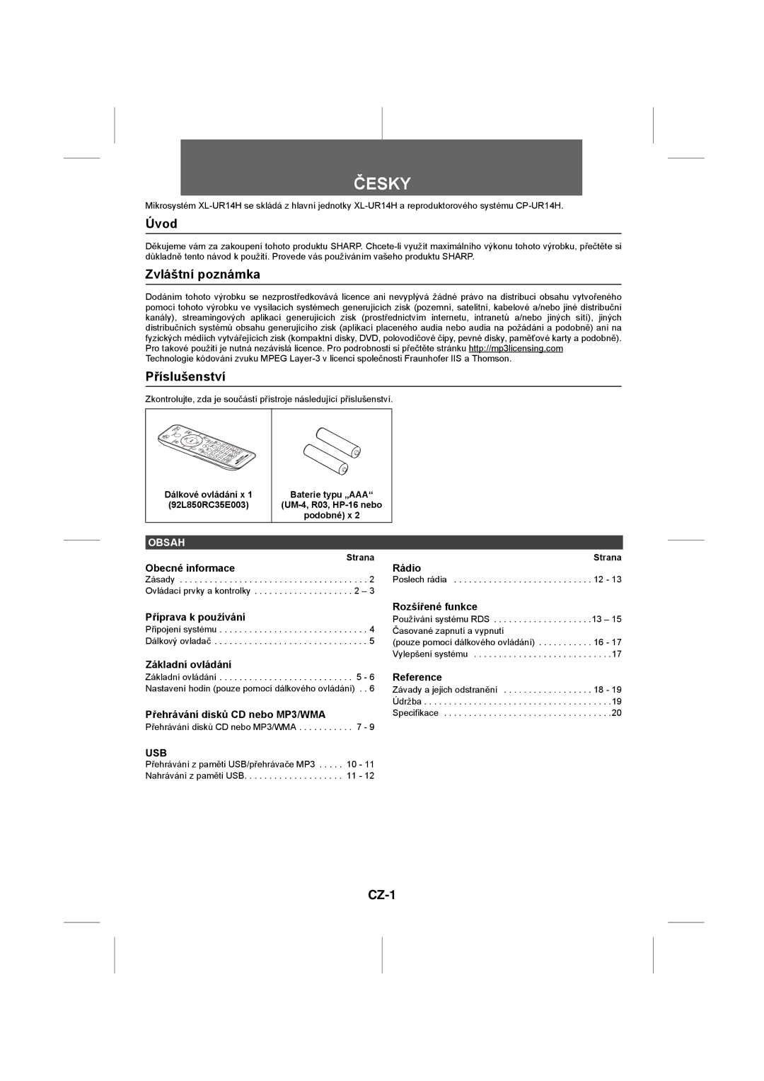 Sharp XL-UR14H operation manual Úvod, Zvláštní poznámka Příslušenství, CZ-1, Strana 