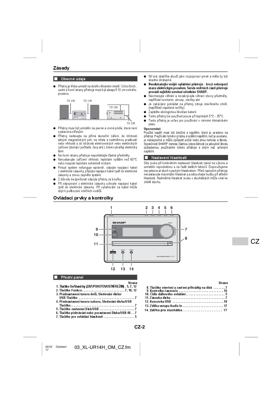 Sharp XL-UR14H operation manual Zásady, Ovládací prvky a kontrolky, CZ-2 