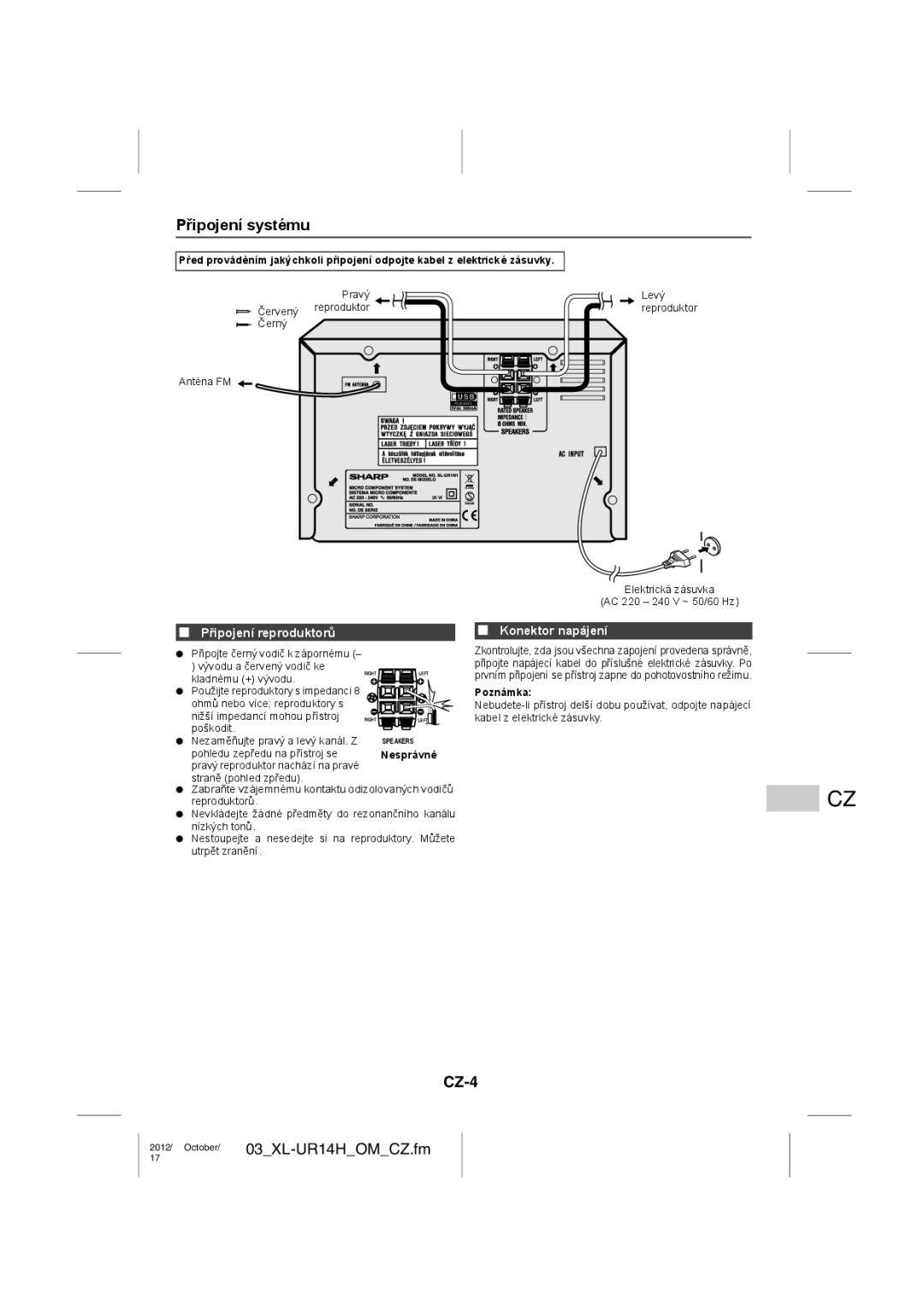 Sharp XL-UR14H operation manual Připojení systému, CZ-4, Připojení reproduktorů, Konektor napájení 