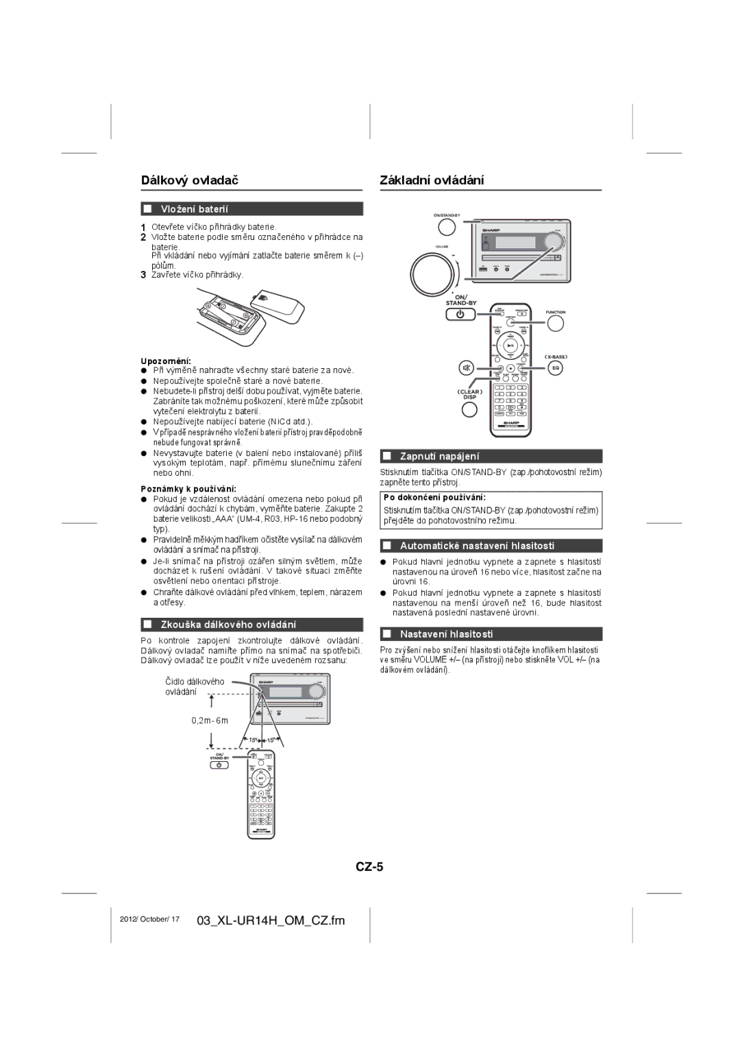 Sharp XL-UR14H operation manual Dálkový ovladač, Základní ovládání, CZ-5 