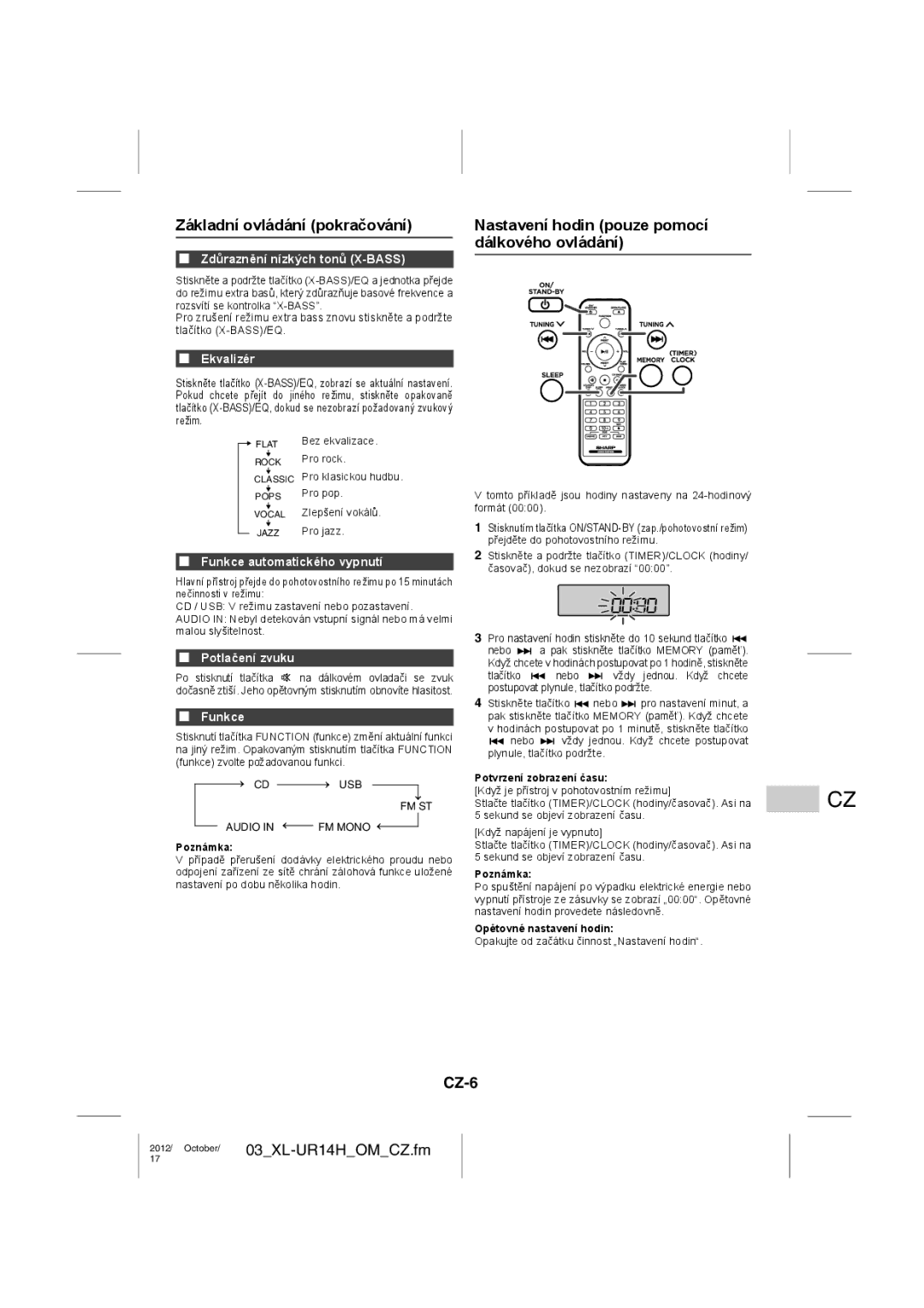 Sharp XL-UR14H operation manual Základní ovládání pokračování, Nastavení hodin pouze pomocí dálkového ovládání, CZ-6 