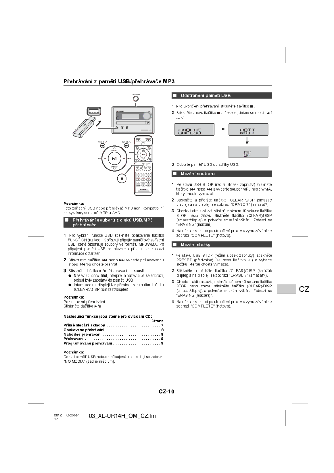 Sharp XL-UR14H operation manual Přehrávání z paměti USB/přehrávače MP3, CZ-10 