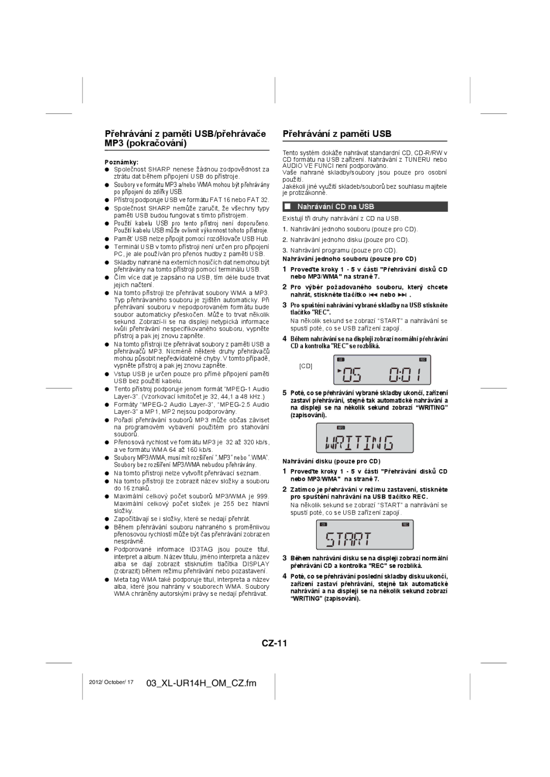 Sharp XL-UR14H operation manual Přehrávání z paměti USB/přehrávače MP3 pokračování, CZ-11, Nahrávání CD na USB 