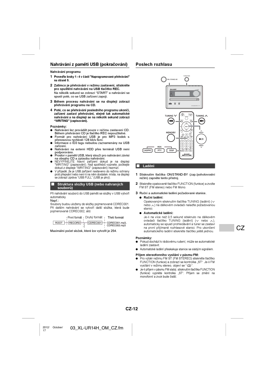 Sharp XL-UR14H Nahrávání z paměti USB pokračování, Poslech rozhlasu, CZ-12, Struktura složky USB nebo nahraných souborů 