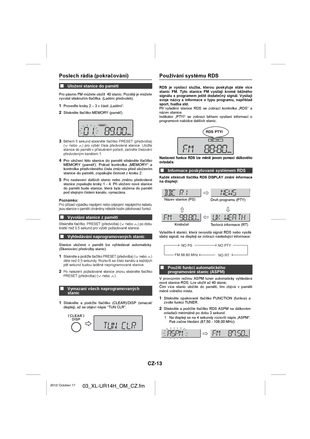 Sharp XL-UR14H operation manual Poslech rádia pokračování, Používání systému RDS, CZ-13 