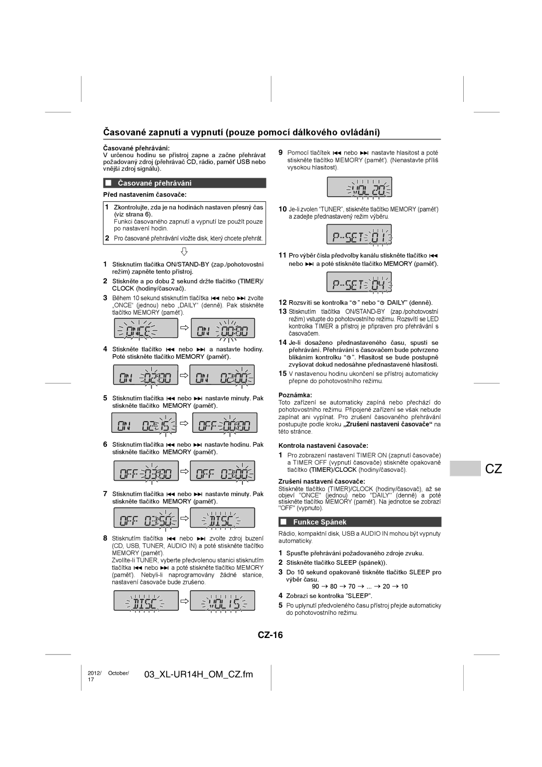 Sharp XL-UR14H Časované zapnutí a vypnutí pouze pomocí dálkového ovládání, CZ-16, Časované přehrávání, Funkce Spánek 