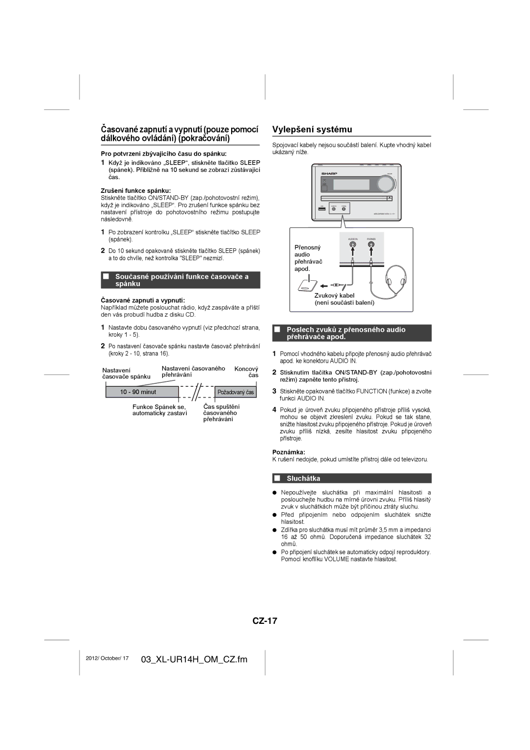 Sharp XL-UR14H operation manual Vylepšení systému, CZ-17, Současné používání funkce časovače a spánku, Sluchátka 