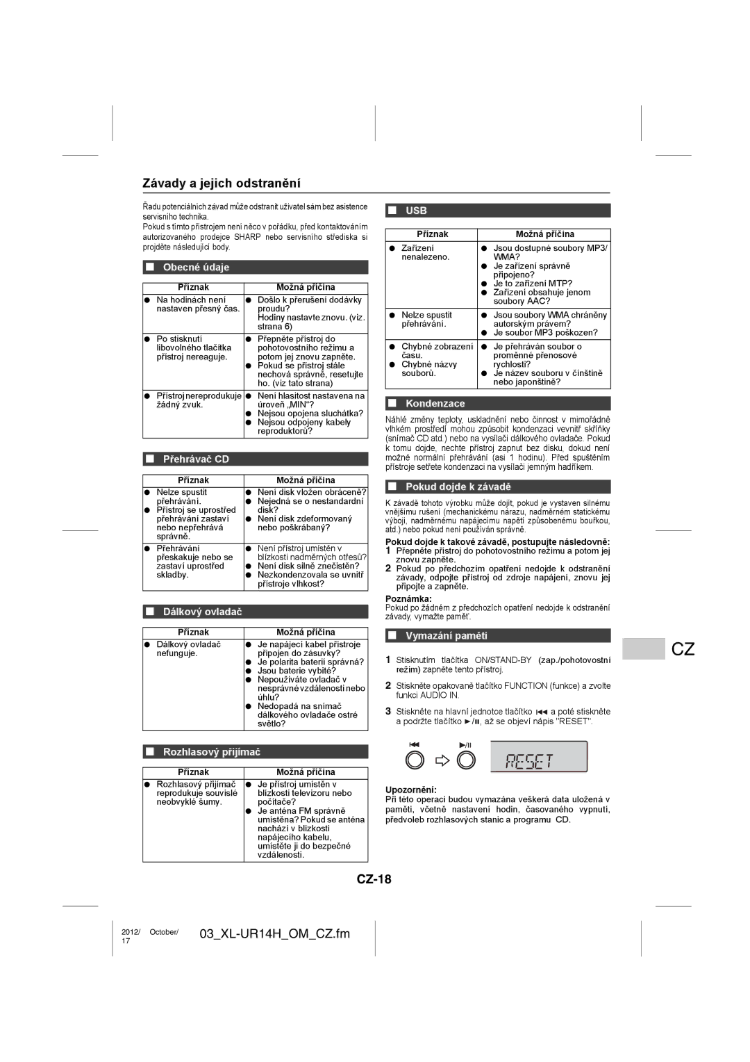 Sharp XL-UR14H operation manual Závady a jejich odstranění, CZ-18 