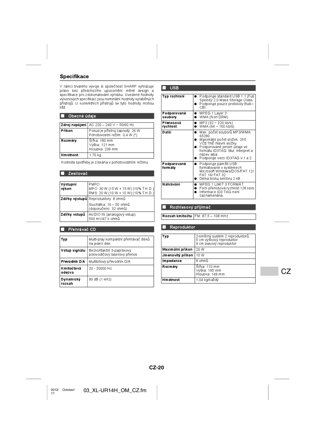 Sharp XL-UR14H operation manual Specifikace, CZ-20, Zesilovač, Reproduktor 