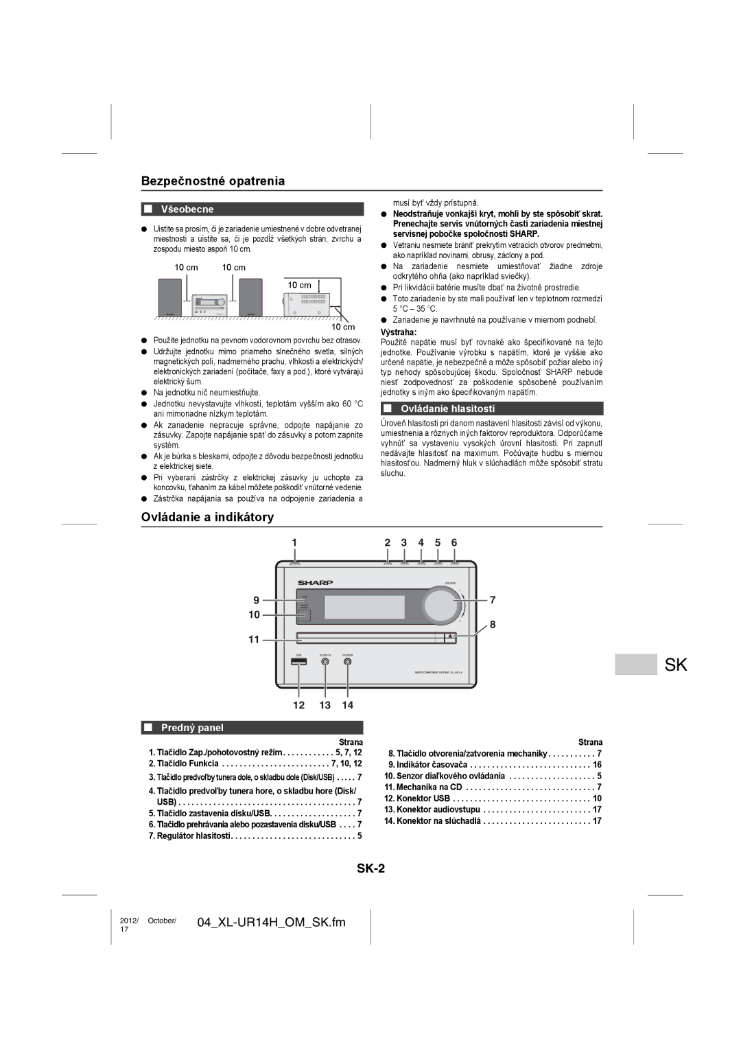 Sharp XL-UR14H operation manual Bezpečnostné opatrenia, Ovládanie a indikátory, SK-2 