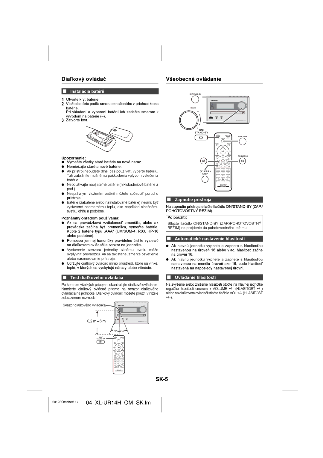 Sharp XL-UR14H operation manual Diaľkový ovládač Všeobecné ovládanie, SK-5 