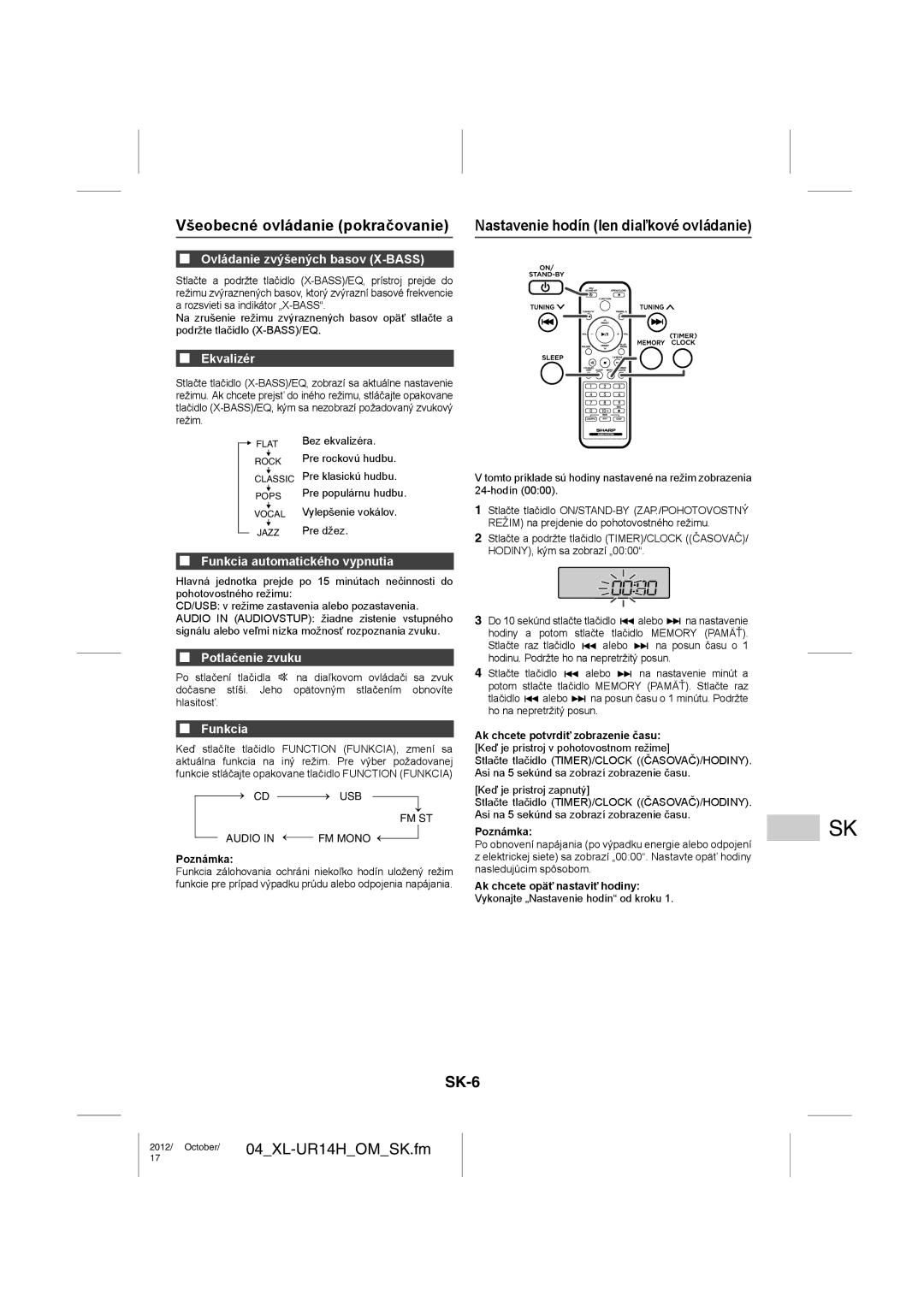 Sharp XL-UR14H operation manual Všeobecné ovládanie pokračovanie, SK-6 