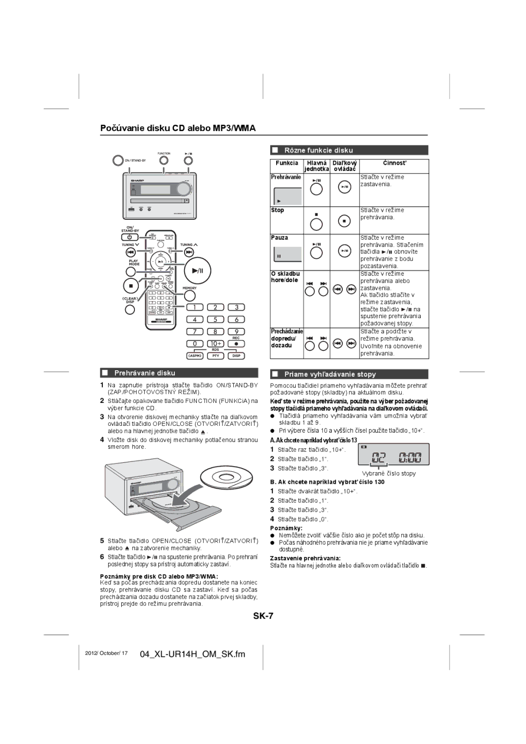 Sharp XL-UR14 Počúvanie disku CD alebo MP3/WMA, SK-7, Rôzne funkcie disku, Prehrávanie disku, Priame vyhľadávanie stopy 