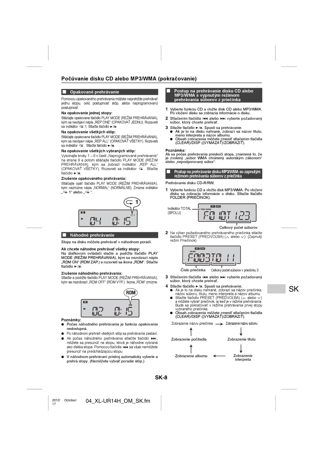 Sharp XL-UR14H Počúvanie disku CD alebo MP3/WMA pokračovanie, SK-8, Opakované prehrávanie, Náhodné prehrávanie 