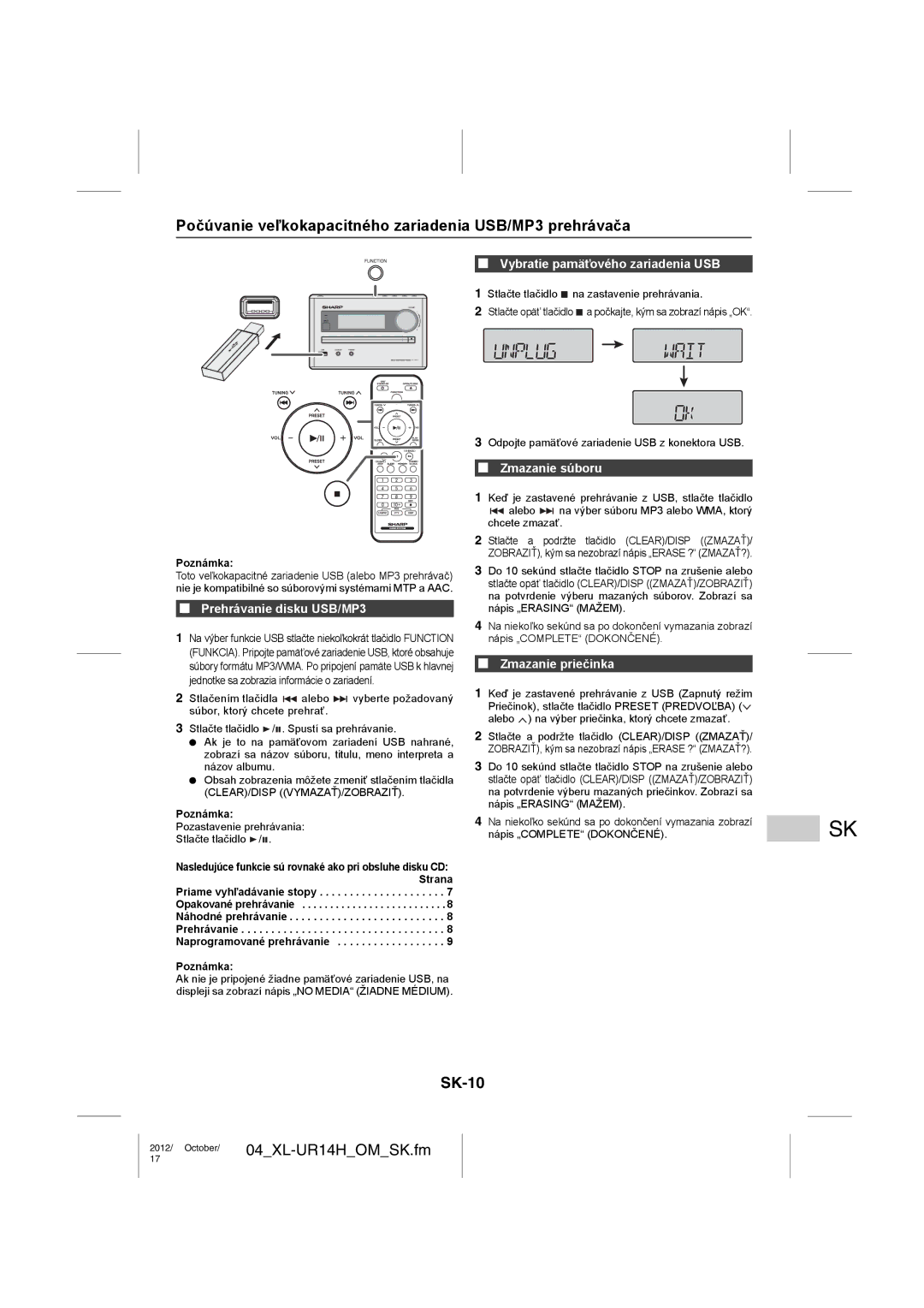 Sharp XL-UR14H operation manual Počúvanie veľkokapacitného zariadenia USB/MP3 prehrávača, SK-10 