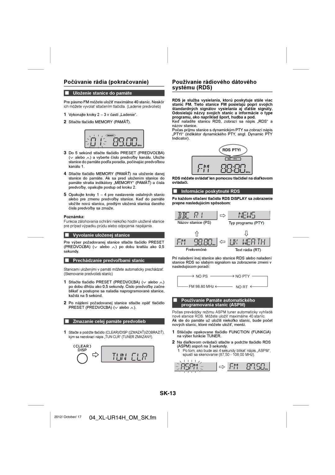 Sharp XL-UR14H operation manual Počúvanie rádia pokračovanie, Používanie rádiového dátového systému RDS, SK-13 